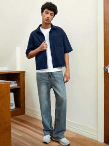 Manfinity VCAY Men's Casual Loose Woven Breathable Short Sleeve Shirt, Suitable For Young People - Navy Blue - View 3