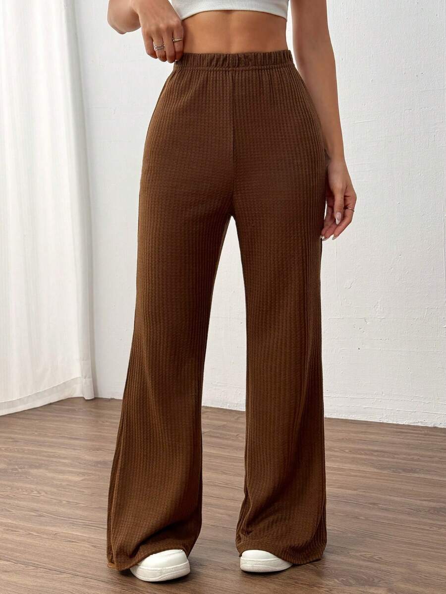 SHEIN Unity 女士纯色松紧腰休闲裤，日常穿着 - 棕色 - 查看 1