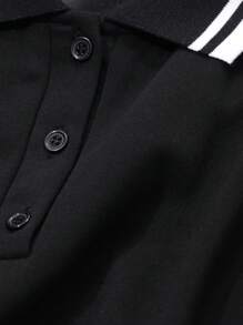 FRIFUL 女士条纹 Polo 领长袖 A 字形休闲针织毛衣连衣裙，适合秋冬季 - 黑色 - 查看 3