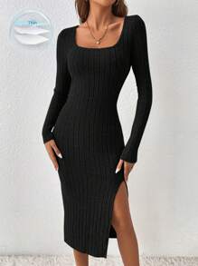 SHEIN Frenchy Vestido ajustado con abertura en el cuello y el muslo, falda larga negra cuadrada - Negro - Ver 1
