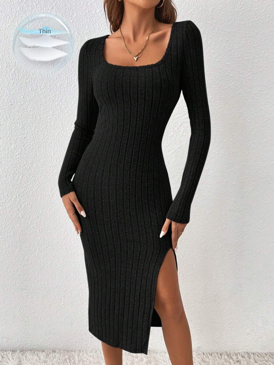 SHEIN Frenchy Vestido ajustado con abertura en el cuello y el muslo, falda larga negra cuadrada - Negro - Ver 1
