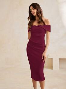 Anewsta Elegante vestido largo de fiesta con hombros descubiertos, cintura entallada y drapeado, adecuado para trajes de Navidad y Año Nuevo - Burdeos - Ver 3