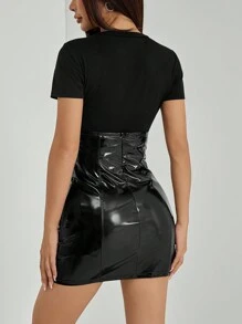 SHEIN PETITE Sexy Outfits Club Women's High Waisted Belted Pu Leather Mini Skirt - Black - View 2