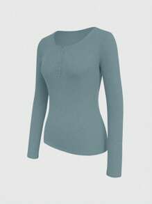 INAWLY Women's Summer Casual Button Placket Half Open Neckline T-Shirt With Stripe Design Fall Cloth For Women - Mint Green - View 4