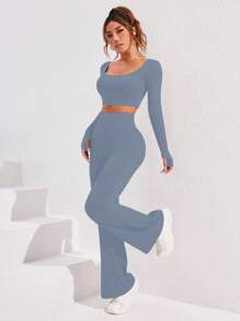 Women Solid Color Long Sleeve Casual Top And Long Pants Athletic Suit Workout Women Set - Blue - View 4