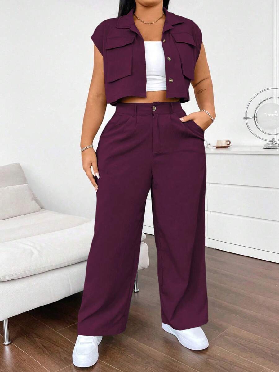 Flirla 2pcs/Set Sleeveless Loose Multi-Pocket Shirt & Casual Cargo Pants Set - Purple - View 1