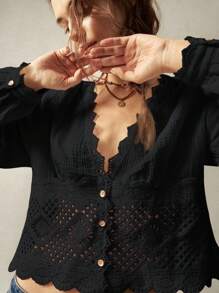 Bohemela Casual Solid Color Woven V-Neck Lantern Sleeve Lace Trim Loose Fit Women Blouse