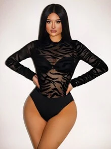 Zolique Marble Print Mesh Bodysuit (Underwear Not Included) - Black - View 1