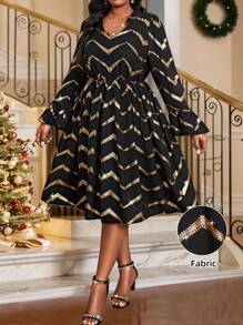 SHEIN Lady Plus Size Vrouwen V-hals Metallic Golvende Gestreepte Flare Mouw Elegante Mid-Lengte Jurk, Herfst/Winter
