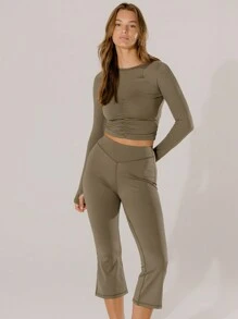 Aralina Leisurewear Olive Green Longsleeve Ruched And Kick Flare Dance Edge Set - Khaki - View 7