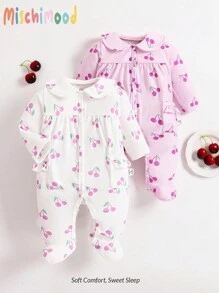 2pcs/Set Newborn Baby Cherry Pattern Long Sleeve Full Coverage Jumpsuit Pajamas - Multicolor - View 1