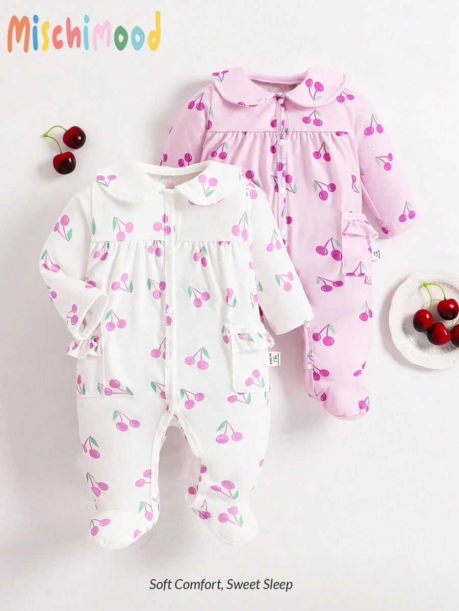 2pcs/Set Newborn Baby Cherry Pattern Long Sleeve Full Coverage Jumpsuit Pajamas - Multicolor - View 1