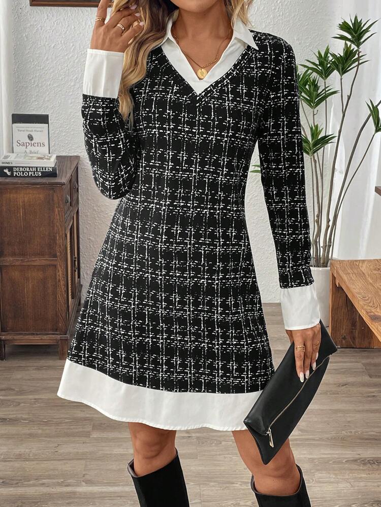 Dresses For Women Elegant Grey Color Blocking With White Trim Office Dress Office Wear Women Business Casual Woman Women's Mini Dress