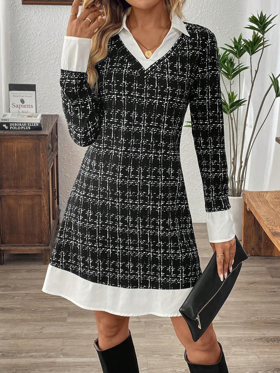 Dresses For Women Elegant Grey Color Blocking With White Trim Office Dress Office Wear Women Business Casual Woman Women's Mini Dress