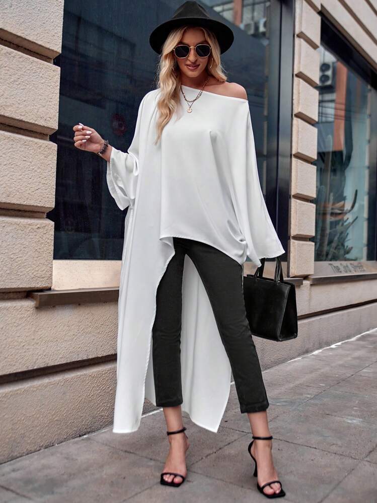 SHEIN LUNE Camisa blanca casual de manga larga con estampado floral bohemio francés, bajo asimétrico, para uso diario y fiestas como Año Nuevo, San Valentín, Navidad, para mujeres en otoño e invierno - Blanco - Añade 5