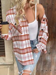 INAWLY Women's Plaid Drop Shoulder Long Sleeve Single-Breasted Utility Pocket Casual Jacket For Autumn/Winter/Spring Fall Cloth For Women - Orange - View 5