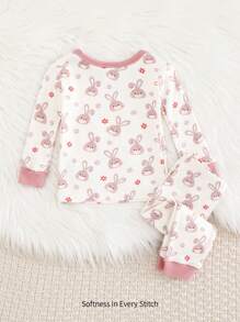 Cozy Pixies Pijama de 2 piezas para bebé niña con parte superior de manga larga de cuello redondo y pantalones estampados con conejo de dibujos animados en colores contrastantes - Multicolor - Ver 2