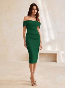 Anewsta 优雅时尚露肩收腰修身长款纯色连衣裙，圣诞新年女装女士连衣裙派对 - 墨綠色 - 查看 5