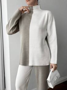 EURMUSE Colorblock Beige Sweater And Pant 2 Pcs Knitwear Set Casual Simple - Beige - View 3