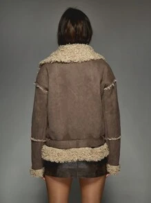 MISSGUIDED Premium Shearling Biker Jacket With Buckle Belt Winter Faux Fur Trim Warm Outerwear Aviator Style Fashion Coat - Brown - View 2