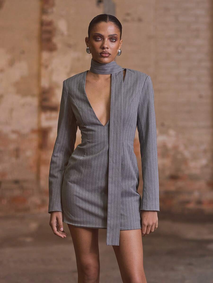 MUSERA Rochie tip cămașă cu dungi și decolteu în V, elegantă, de primăvară și iarnă, stil business, casual - Gri - Vizualizare 1