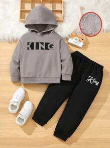 SHEIN Leap Crew 2 件套年轻男孩休闲运动可爱字母印花图形装饰宽松连帽衫和裤子套装，适合旅行、上学、日常聚会、秋冬 - 彩色 - 查看 1