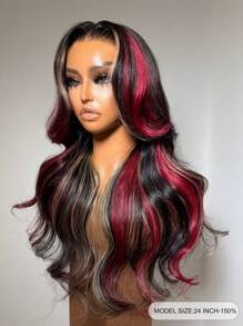 臭鼬条纹全套假发 预漂白 预拔 预剪蕾丝 融化蕾丝 7x5 无胶闭合假发 黑红金色挑染 100% 真人头发 9AM HAIR - SNatural/Red/Orange - 查看 6