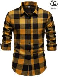 Manfinity Homme Men's Front Button Long Sleeve Plaid Casual Blouse, Everyday Wear, For Fall