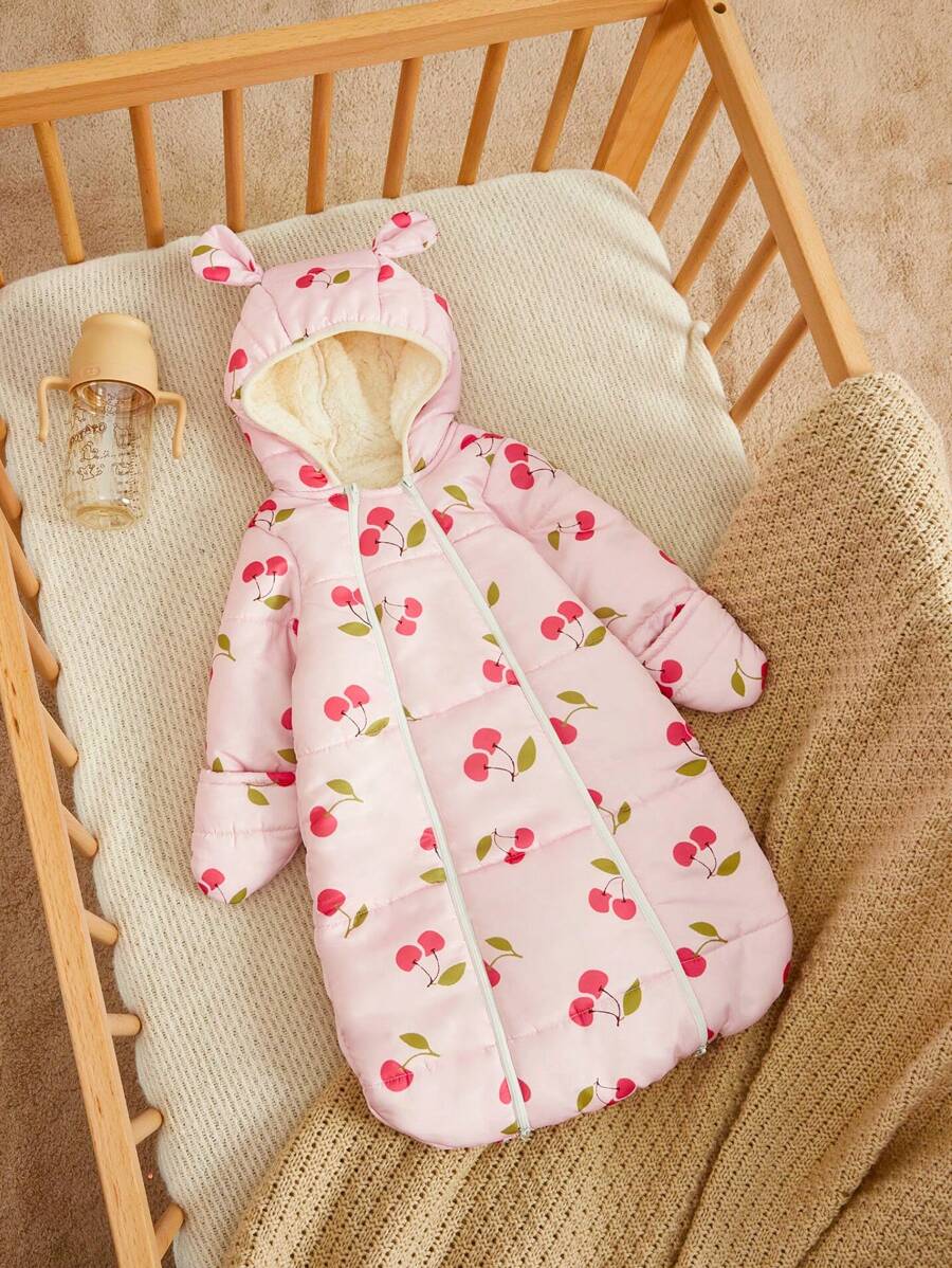 Cozy Pixies 1 chiếc túi ngủ trùm đầu dài tay in họa tiết quả anh đào ấm áp cho trẻ sơ sinh khi đi chơi, mùa thu - Hồng - Xem 1