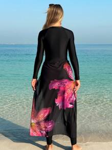 Swim Shayni 2024 适度布基尼 3 件套，长袖上衣，长裤，莲花裹身裙，保守泳衣夏季阿拉伯服装 - 黑色 - 查看 7