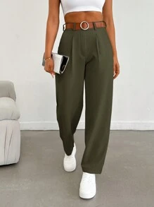 EURMUSE Quần dài đơn sắc xếp ly thẳng rộng rãi thường ngày đi làm hàng ngày cho nữ - xanh quân đội - Xem 4