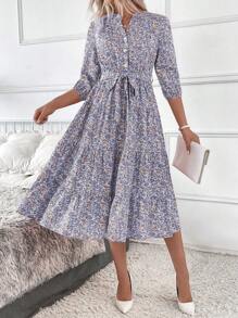 SHEIN Clasi Women's Long Stand Collar Ditsy Floral Dress Maxi Women Outfit