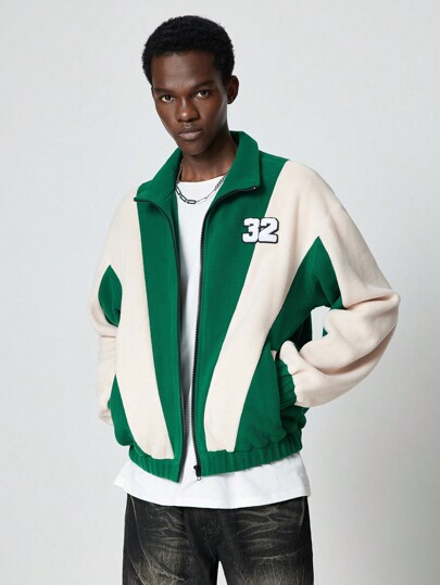 Prep Chaqueta casual con cremallera delantera, manga larga, bloques de color, parches y bolsillos, diseño minimalista para hombres