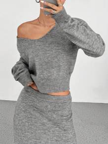 Flirla Conjunto de 2 piezas con suéter de escote en V de longitud media y falda mini de punto de estilo elegante y casual de inspiración estadounidense para otoño/invierno, favorecedora - Gris - Ver 3