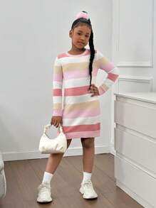 SHEIN Tween Girls' Loose Casual Minimalist Comfy Crew Neck Pullover Colorful Striped Sweater Dress