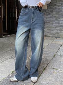 DAZY Distressed Faded Frayed Hem Pocket Straight Leg Women Jeans - Blue - View 7