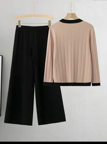 Linhara Plus Size Solid Color Patchwork Front Button Up Long Sleeve Top & Pants Set, Minimalist Fall Winter Cloth For Women