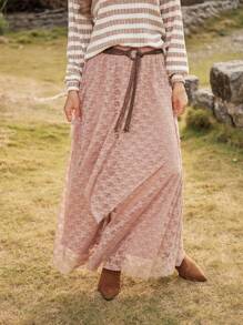 LanaWest Women Lace Waist Asymmetrical Double-Layer Hem - Dusty Pink - View 1