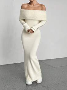 EgrlEra Off-Shoulder Long Fitted Sweater Dress, Solid Color Fall Cloth For Women - Apricot - View 6