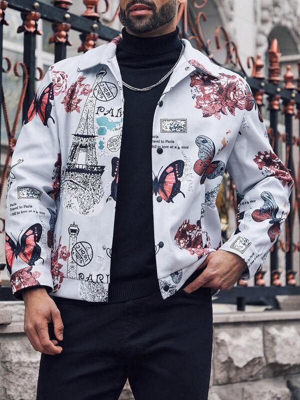 Manfinity Homme Manfinity Man Plus Size Men Butterfly & Floral Print Long Sleeve Loose Casual Jacket, Autumn, Men's Flannel