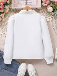 SHEIN Áo cánh dài tay cài nút phía trước màu trơn cho bé gái tuổi mới lớn, mặc hàng ngày - trắng - Xem 3