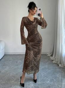 Modelyn Đầm Maxi Dài Cổ Vuông Phối Lưới Họa Tiết Da Báo Cho Nữ, Đầm Dạ Hội Dài Thu Đông - Cà phê - Xem 6