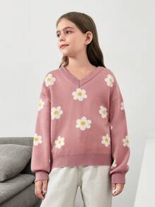 Jersey de punto con cuello en V y diseño floral intarsia informal para niñas preadolescentes