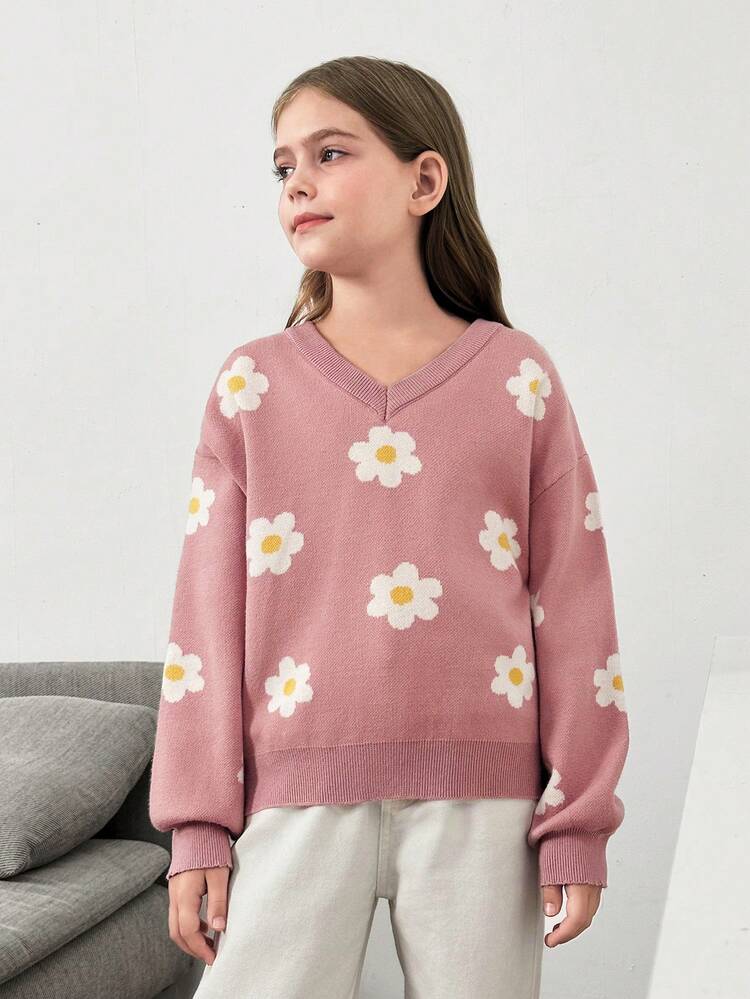 Tween Girls Casual Floral Intarsia V-Neck Pullover Knitted Sweater - Pink - View 7