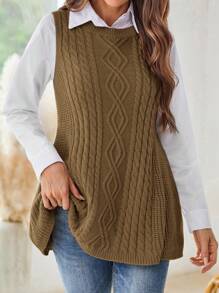 EMERY ROSE Women's Autumn Solid A-Line Sweater Vest - Khaki - View 7