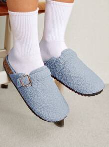 Solecia Women's Solid Color Splicing Metal Decorative Round Toe Fluffy Slippers - Blue - View 6