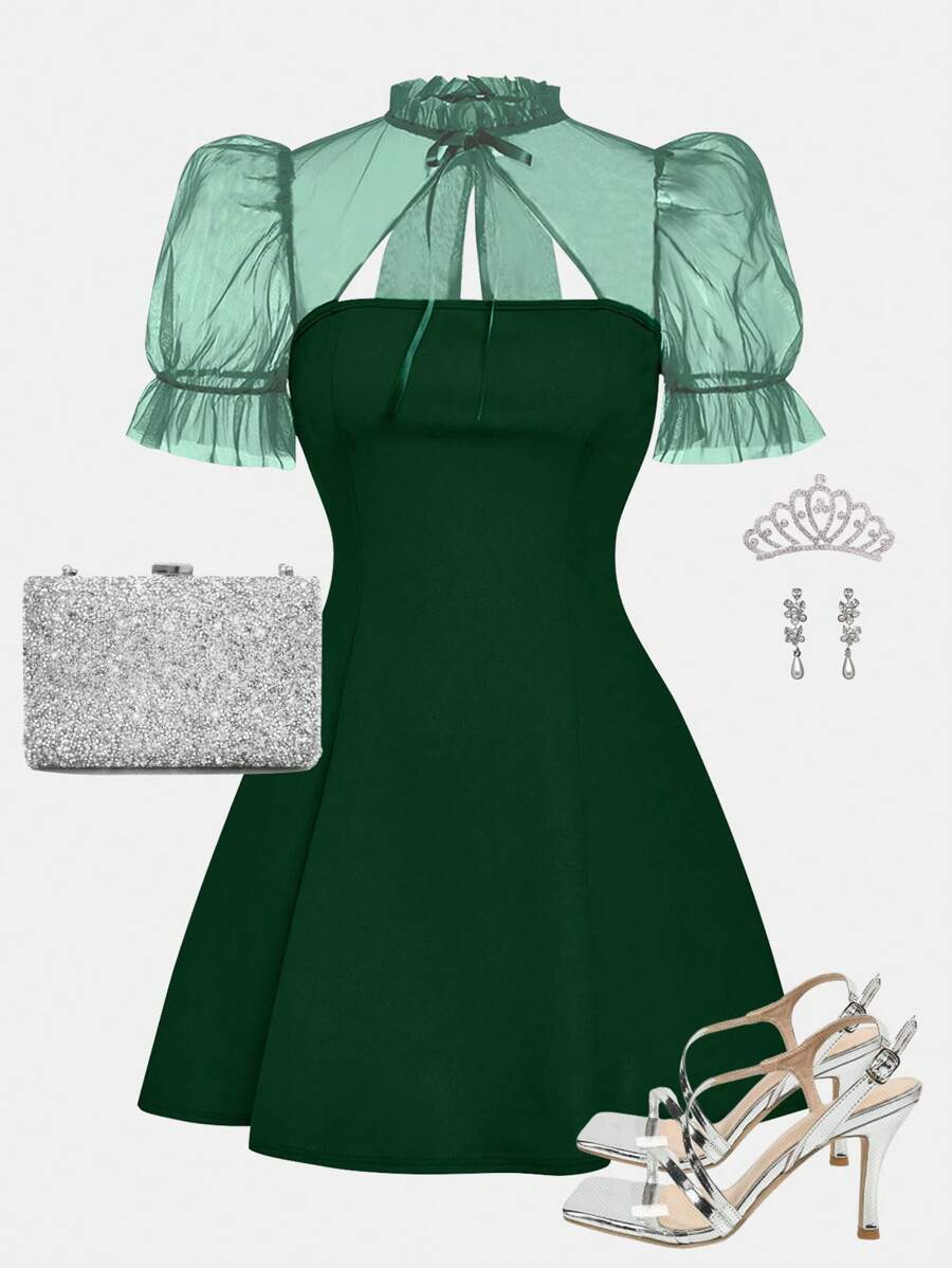 SHEIN Girlism 少女针织拼布透明网眼荷叶边领蝴蝶结泡泡袖连衣裙