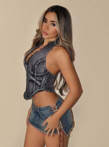 SHEIN ICON Women Deep V-Neck Sleeveless Backless Denim Fringe Crop Tops - Rust Brown - View 5