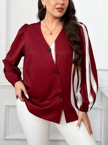 SHEIN Clasi Damen einfarbige gewebte Einsatz-Kontrast Knopfleiste Langarm Lässig Bluse, Frühling & Herbst