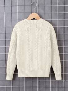 Tween Boy Solid Color Drop Shoulder Long Sleeve Twist Rope Casual Knit Sweater, Autumn/Winter - Beige - View 2